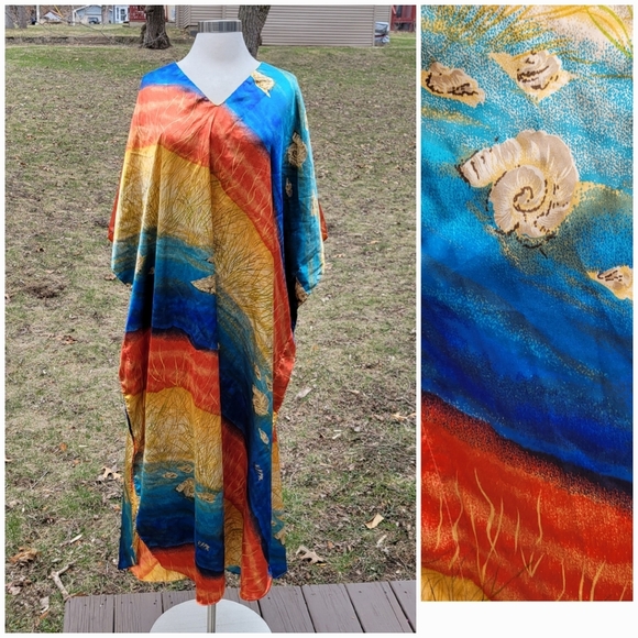Vintage 80s Sunset Orange Gold Blue Beach Cover Up Shell Kaftan Caftan Mumu O/S - Picture 1 of 7